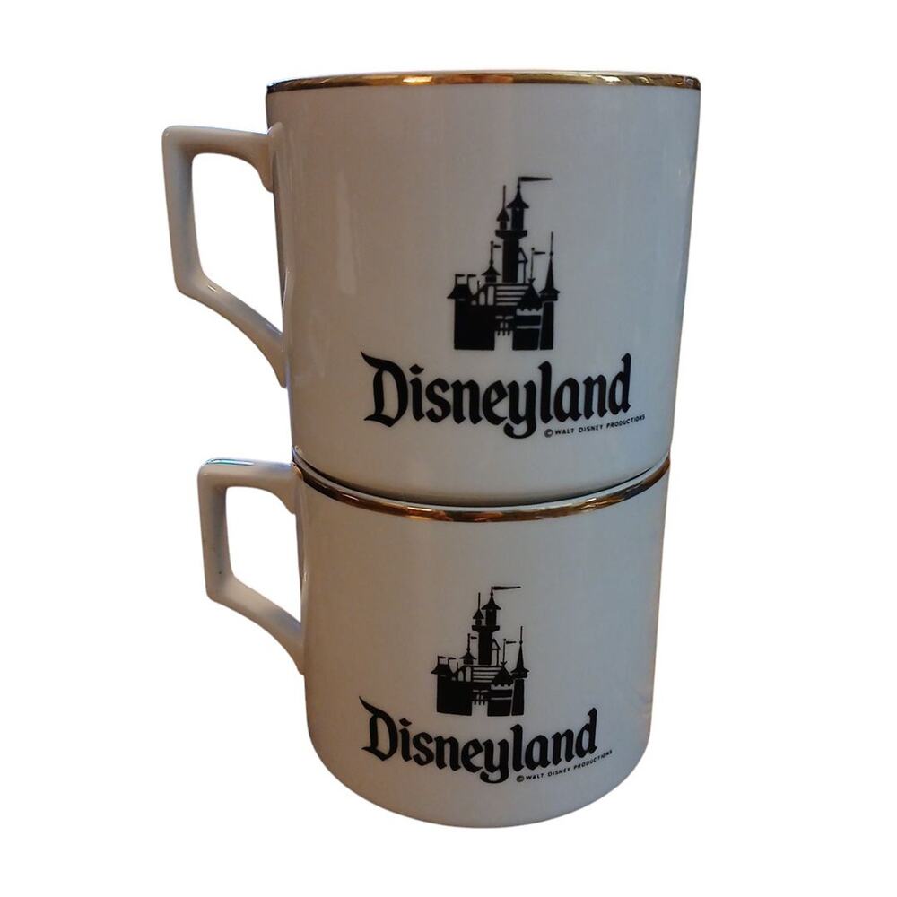 Vtg Classic Disney Disneyland Coffee Tea Mugs Gold Trim Black & White‎ Ceramic